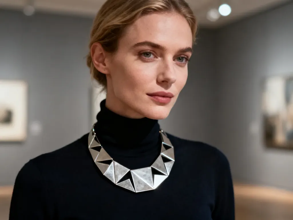 Kobieta w minimalistycznym golfie prezentuje nowoczesny, geometryczny naszyjnik ze srebra w przestrzeni galerii sztuki.