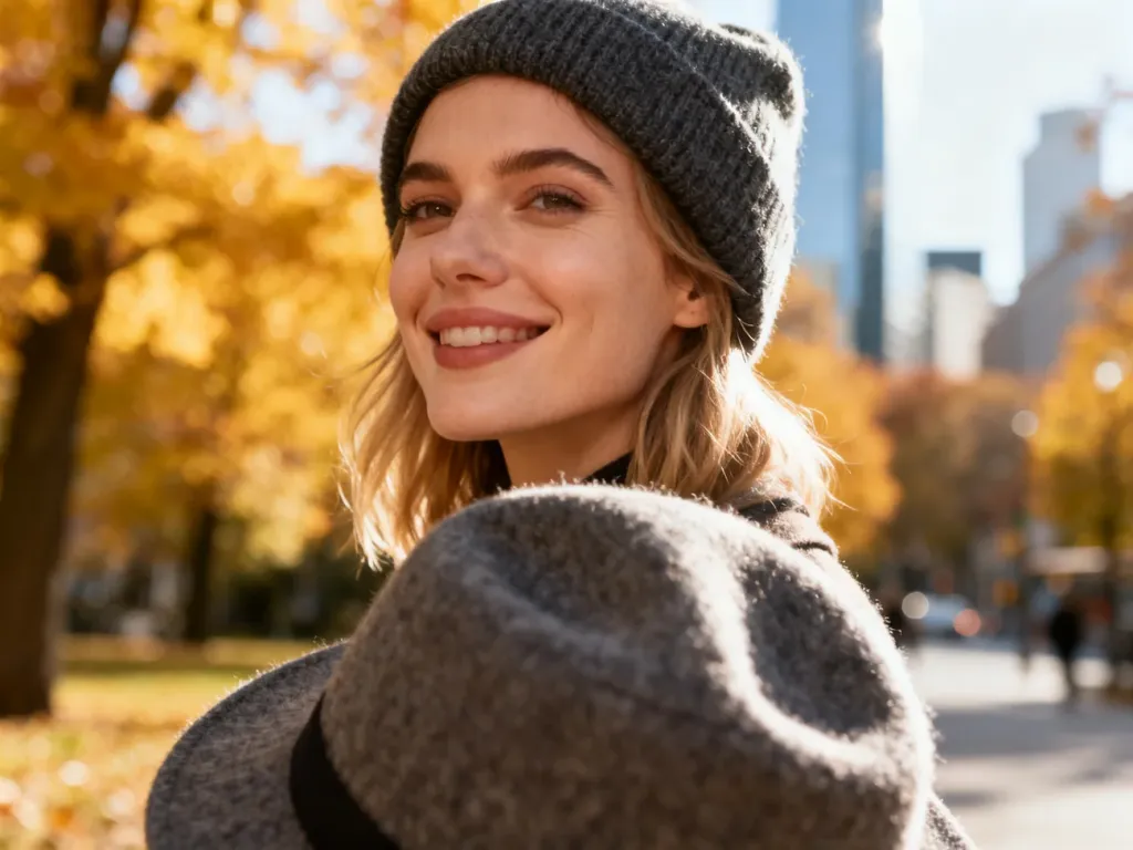 Kobieta w modnej wełnianej czapce typu beanie uśmiecha się w jesiennym parku, prezentując stylowe nakrycie głowy.