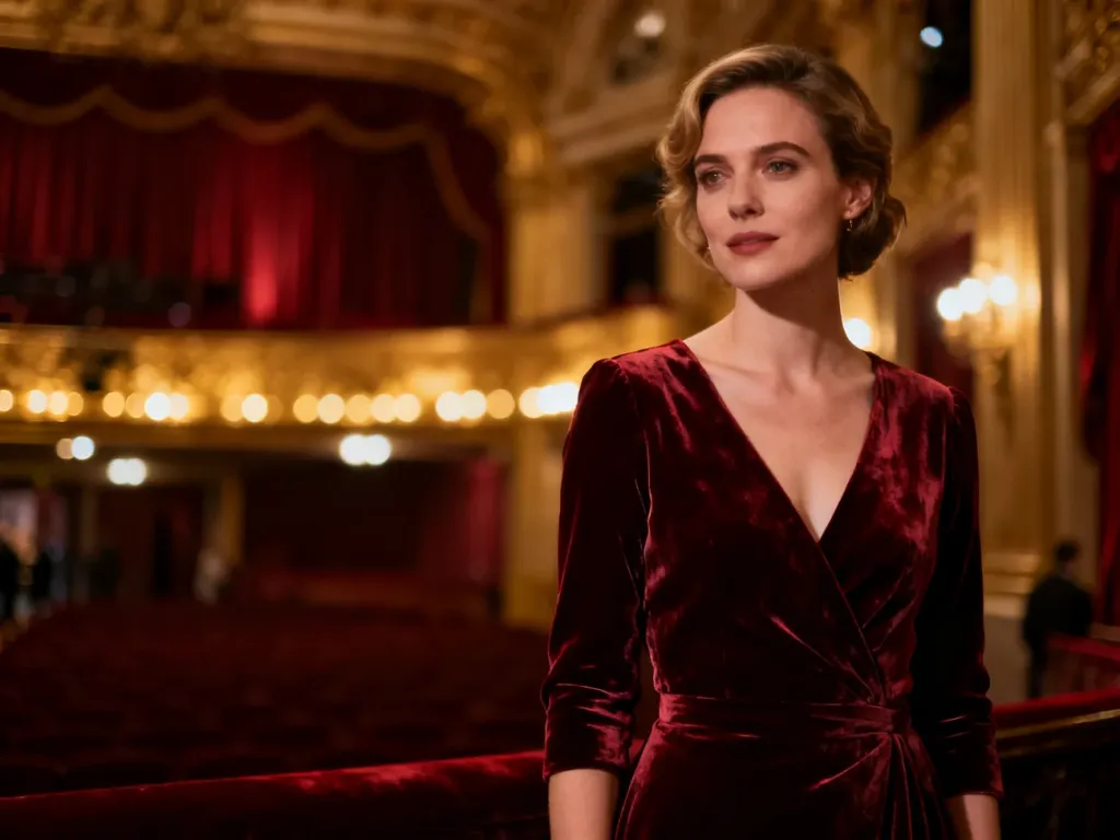 Elegancka kobieta w aksamitnej sukni w luksusowym foyer teatru, prezentująca wieczorową stylizację na spektakl.