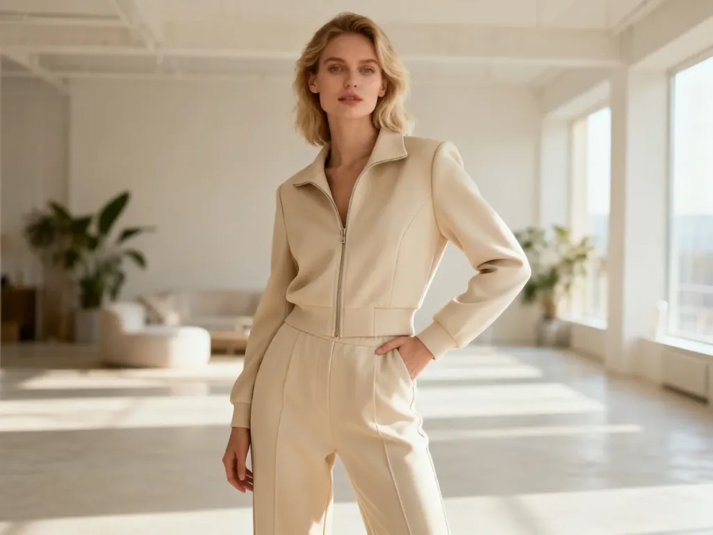 Kobieta w eleganckim, dopasowanym dresie pozująca w jasnym, minimalistycznym wnętrzu w stylu loftu.