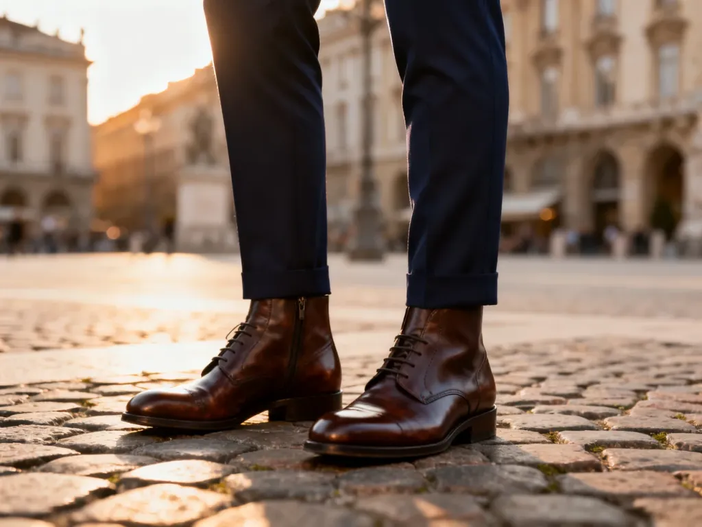 Eleganckie brązowe skórzane buty zestawione z granatowymi spodniami na tle miejskiego bruku w świetle zachodzącego słońca.
