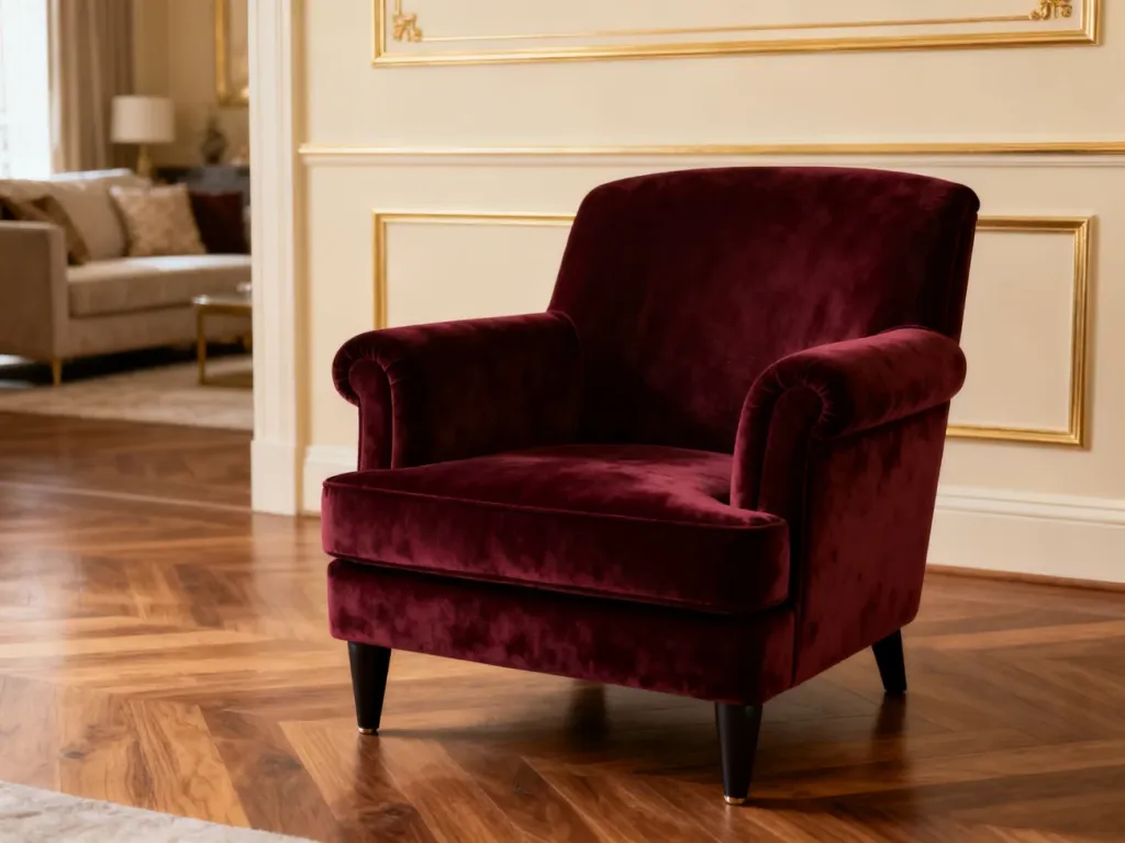 Elegancki bordowy fotel welurowy na tle kremowej ściany ze złotymi akcentami, prezentujący stylową aranżację wnętrza.