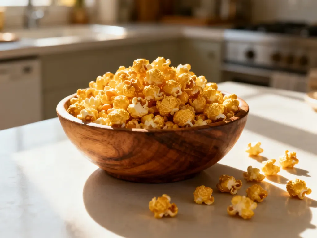 Drewniana miska wypełniona świeżym popcornem na kuchennym blacie w promieniach porannego słońca.