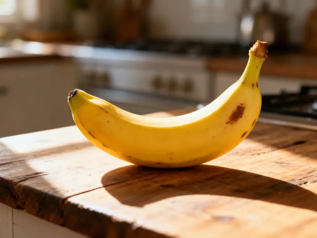 Dojrzały banan z brązowymi plamkami leżący na drewnianym blacie w promieniach porannego słońca.