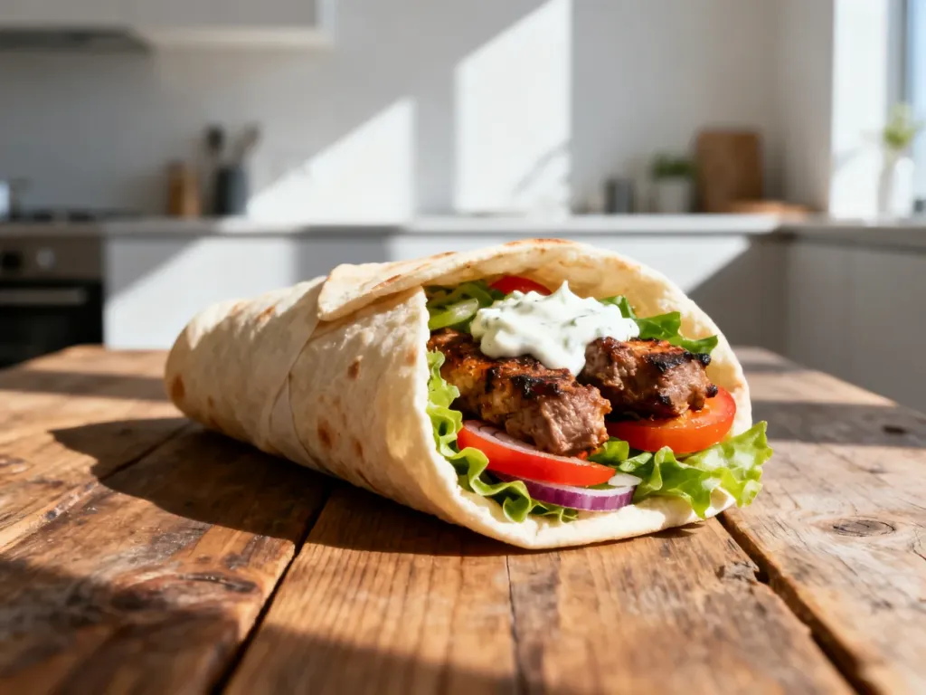 Apetyczny kebab w picie z grillowanym mięsem, świeżymi warzywami i sosem, podany na drewnianym stole.
