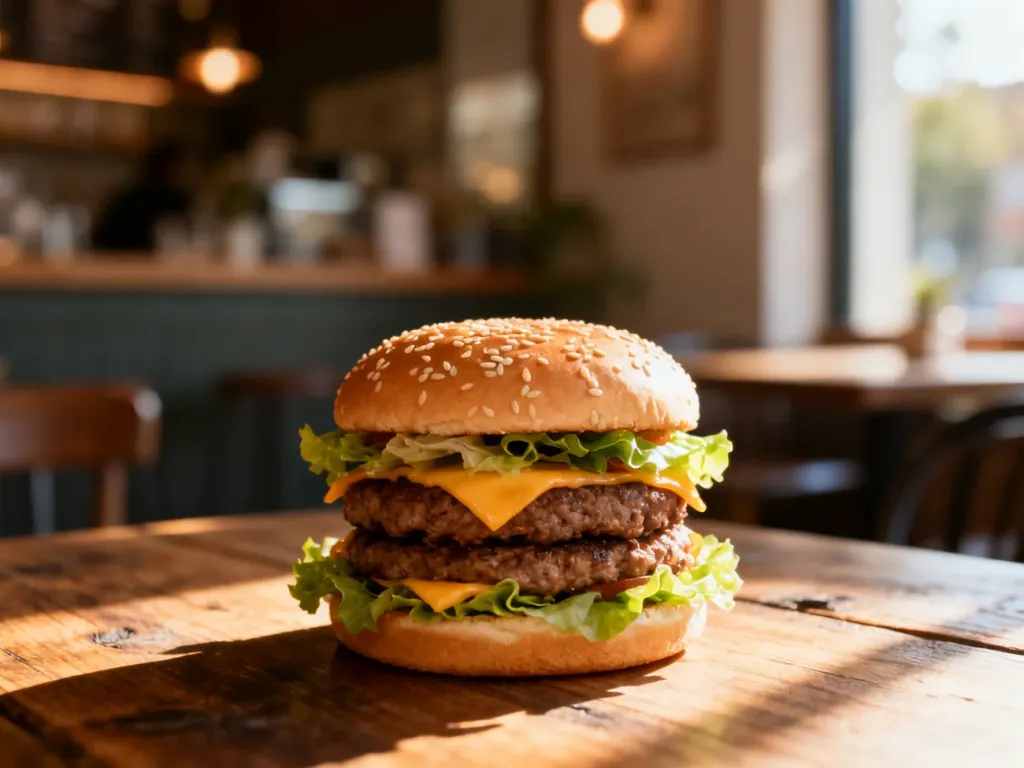 Apetyczny Big Mac z warstwami mięsa, sera i sałaty na drewnianym stole w restauracyjnym wnętrzu.