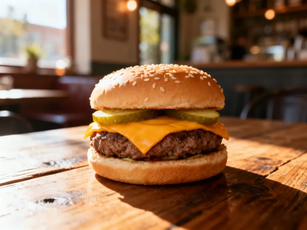 Apetyczny cheeseburger z wołowiną i roztopionym serem na drewnianym stole, przedstawiający klasyczną propozycję McDonald's.