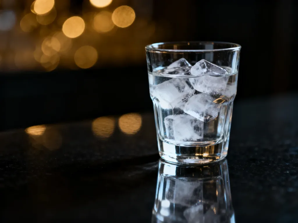 Szklanka czystej wódki z lodem na ciemnym, odbijającym światło tle. Elegancka prezentacja alkoholu w minimalistycznym stylu.